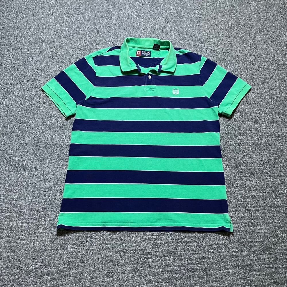 Chaps‎ Polo Shirt Large Green Navy Blue Striped Short Sleeve Cotton Pique Logo
